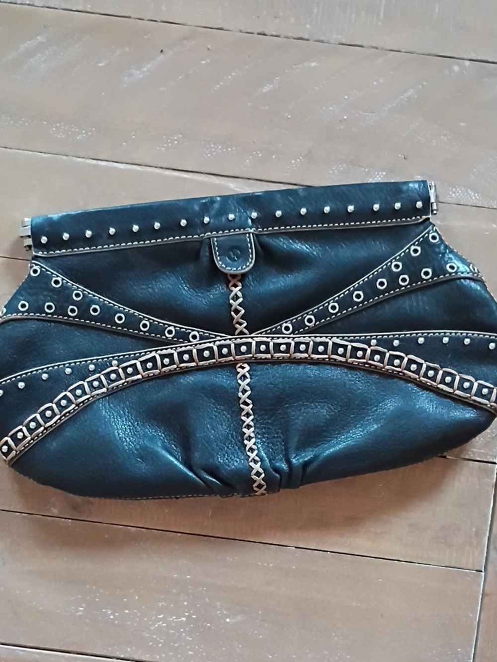 Black Leather Studded Evening Clutch with Braided Trim